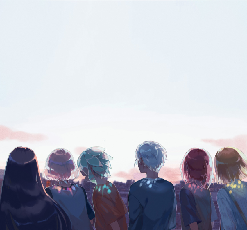 alternate_costume androgynous antarcticite aqua_hair black_hair blonde_hair bort contemporary diamond_(houseki_no_kuni) from_behind green_hair highres houseki_no_kuni long_hair phosphophyllite redhead scenery shinsha_(houseki_no_kuni) shirt short_hair silver_hair sky smile suspenders t-shirt tamomoko white_hair yellow_diamond_(houseki_no_kuni)