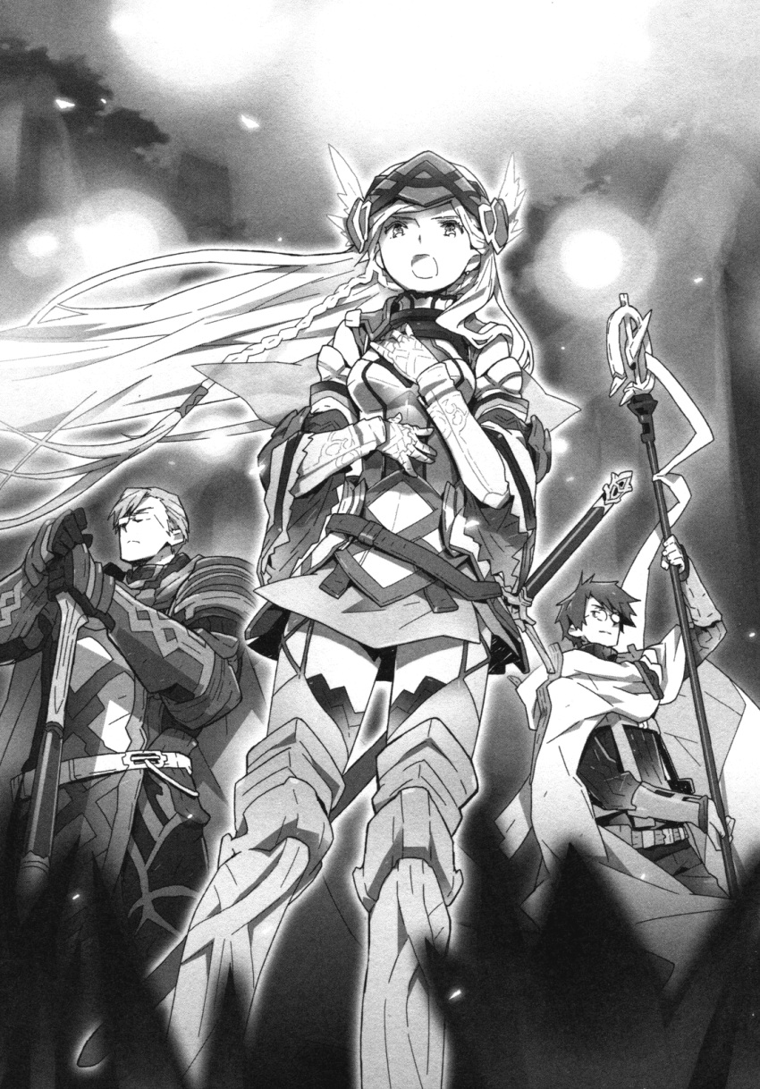 armor armored_boots armored_dress boots braid breasts cape crusty_(log_horizon) dress floating_hair from_below garter_straps glasses gloves greyscale hands_on_hilt hara_kazuhiro highres holding holding_staff log_horizon long_hair monochrome novel_illustration official_art outdoors reinesia_el_arte_cowen sheath sheathed shiroe short_dress small_breasts spaulders staff sword thigh-highs thigh_boots very_long_hair weapon zettai_ryouiki
