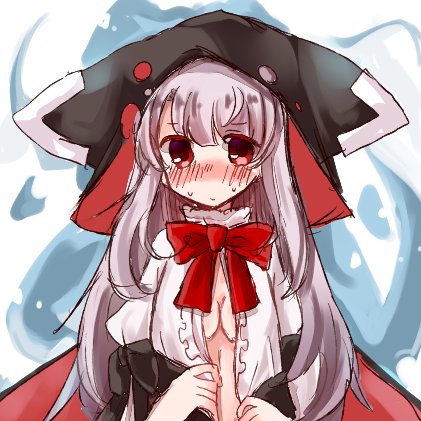 1girl azur_lane bangs black_bow black_hat blush bow bowtie breasts closed_mouth erebus_(azur_lane) eyebrows_visible_through_hair grey_hair hat highres long_hair looking_at_viewer medium_breasts nose_blush open_clothes open_shirt puffy_short_sleeves puffy_sleeves red_eyes red_neckwear shimashiro_itsuki shirt short_sleeves sidelocks sketch solo sweat torn_clothes torn_hat undressing very_long_hair white_background white_shirt