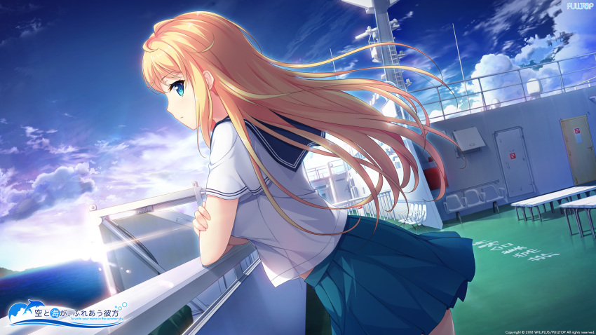 1girl blonde_hair blue_eyes blue_skirt crossed_arms day eyebrows_visible_through_hair floating_hair from_side game_cg highres leaning_forward long_hair looking_at_viewer miniskirt outdoors pleated_skirt school_uniform serafuku shirase_emily shirt short_sleeves skirt solo sora_to_umi_ga_fureau_kanata sunset very_long_hair white_shirt yashima_takahiro