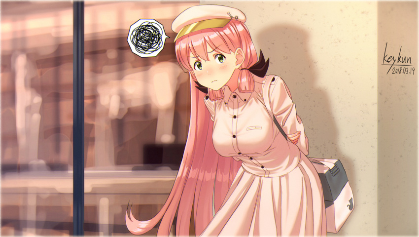 1girl against_wall akashi_(kantai_collection) alternate_costume arms_behind_back artist_name bag beret black_ribbon blush building buttons cabbie_hat casual closed_mouth commentary_request cowboy_shot dated dress green_eyes hair_ribbon hat jacket kantai_collection key_kun leaning_forward long_hair long_skirt long_sleeves looking_at_viewer nose_blush pink_dress pink_hair pink_hat ribbon shiny shiny_hair shoulder_bag sidelocks skirt solo speech_bubble spoken_squiggle squiggle standing straight_hair tress_ribbon very_long_hair white_hat white_jacket white_skirt