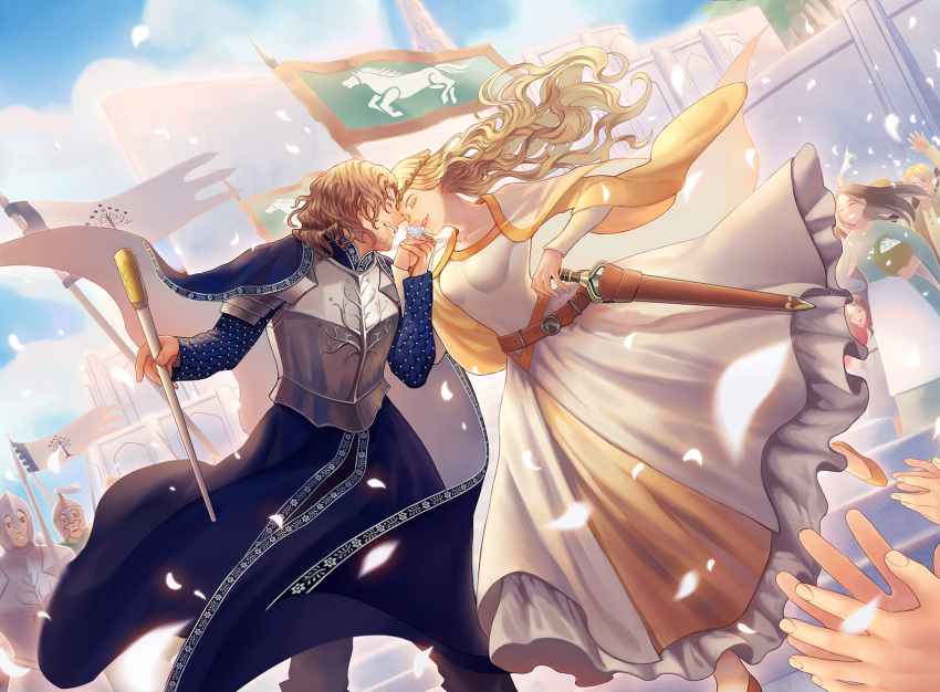 1boy 1girl armor beard belt blonde_hair brown_hair cape capelet castle eowyn faceless faceless_female faceless_male facial_hair faramir flag flower helmet highres jowell_she lord_of_the_rings petals sky staff sword teeth tiara weapon