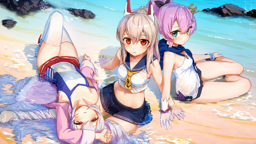 3girls ayanami_(azur_lane) azur_lane black_bow black_skirt blush bow breasts brown_hair character_request closed_mouth collarbone cross cross_hair_ornament eyebrows_visible_through_hair gloves green_eyes grey_hair hair_bow hair_ornament highres javelin_(azur_lane) laffey_(azur_lane) large_breasts long_hair looking_at_viewer multiple_girls navel parted_lips pink_hair ponytail red_eyes red_skirt short_hair short_ponytail sitting skirt smile thigh-highs treeware upside-down wet wet_clothes white_gloves white_legwear