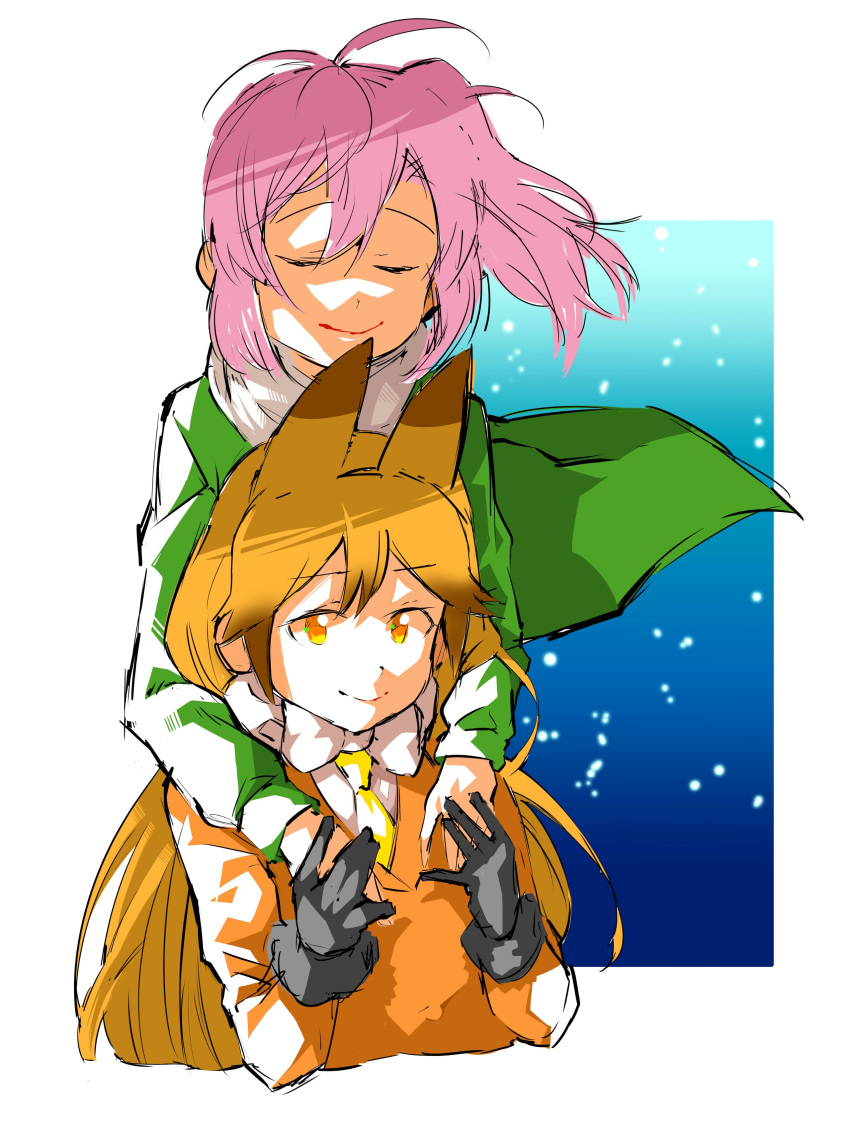 2girls absurdres animal_ears bow bowtie brown_hair closed_eyes eyebrows_visible_through_hair ezo_red_fox_(kemono_friends) fox_ears gloves gradient_hair hand_holding highres hug hug_from_behind kemono_friends long_hair multicolored_hair multiple_girls nana_(kemono_friends) necktie open_eyes orange_eyes orange_hair pink_hair scarf short_hair side_ponytail sky smile star_(sky) starry_sky sunagawa383 sweater