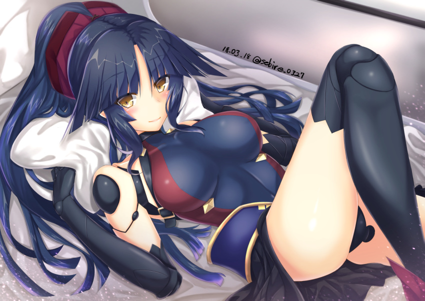 1girl bangs black_hair breasts fate/grand_order fate_(series) high_ponytail indoors katou_danzou_(fate/grand_order) leotard long_hair lying mechanical_arm mechanical_legs medium_breasts on_back pillow ponytail robot_joints sebire smile solo yellow_eyes
