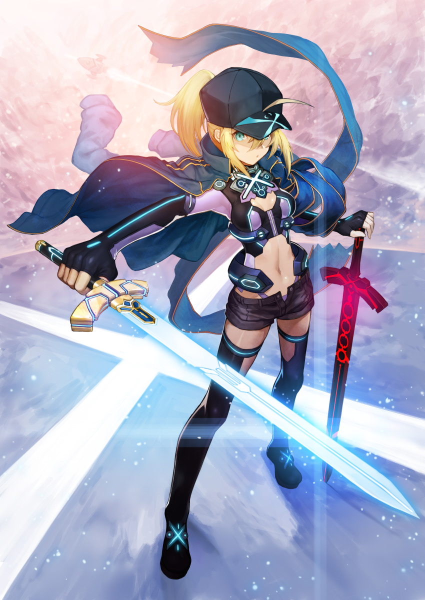 1girl absurdres artoria_pendragon_(all) bangs baseball_cap black_gloves black_legwear black_shorts blonde_hair blue_eyes breasts closed_mouth dark_excalibur elbow_gloves excalibur fate_(series) fingerless_gloves full_body gloves hair_between_eyes hat highres holding holding_sword holding_weapon jacket_on_shoulders legs_apart looking_at_viewer midriff mysterious_heroine_x navel nkmr8 open_fly open_track_jacket ponytail rojiura_satsuki:_chapter_heroine_sanctuary serious shorts sidelocks small_breasts solo standing sword thigh-highs weapon wind