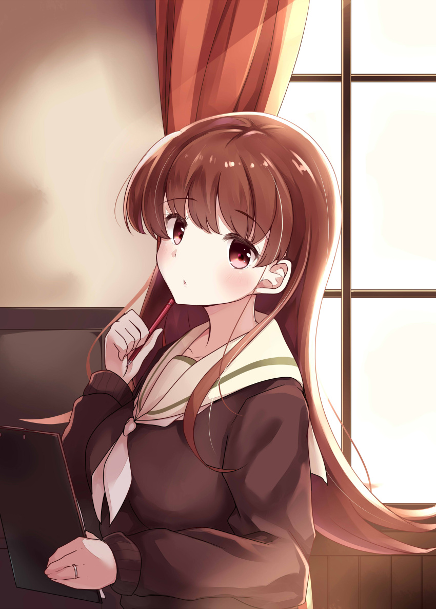 1girl :o absurdres bangs black_serafuku blush breasts brown_shirt clipboard curtains day eyebrows_visible_through_hair from_side highres holding holding_pencil indoors jewelry kantai_collection long_hair long_sleeves looking_to_the_side medium_breasts neckerchief ooi_(kantai_collection) parted_lips pencil pencil_to_face remodel_(kantai_collection) revision ring sailor_collar school_uniform serafuku shiny shiny_hair shirt solo soramuko straight_hair upper_body wedding_band white_neckwear white_sailor_collar window