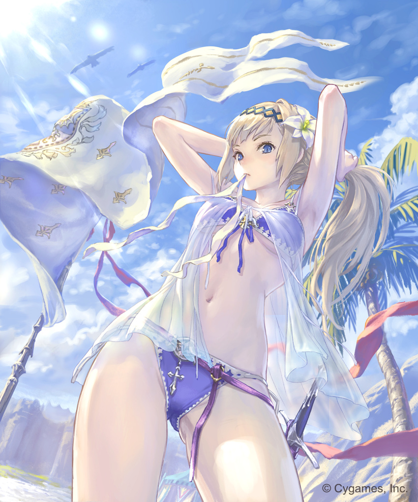 1girl armpits arms_up bangs banner bikini bird blonde_hair blue_eyes blush breasts clouds contrapposto cowboy_shot cygames day flower front-tie_bikini front-tie_top gluteal_fold granblue_fantasy hair_flower hair_ornament hairband hairdressing hibiscus highres hisakata_souji jeanne_d'arc_(granblue_fantasy) lens_flare light_rays long_hair looking_at_viewer medium_breasts mouth_hold navel outdoors palm_tree purple_bikini purple_ribbon ribbon see-through sheath sheathed solo standing stomach sunbeam sunlight swimsuit sword thighs tree tying_hair under_boob very_long_hair weapon