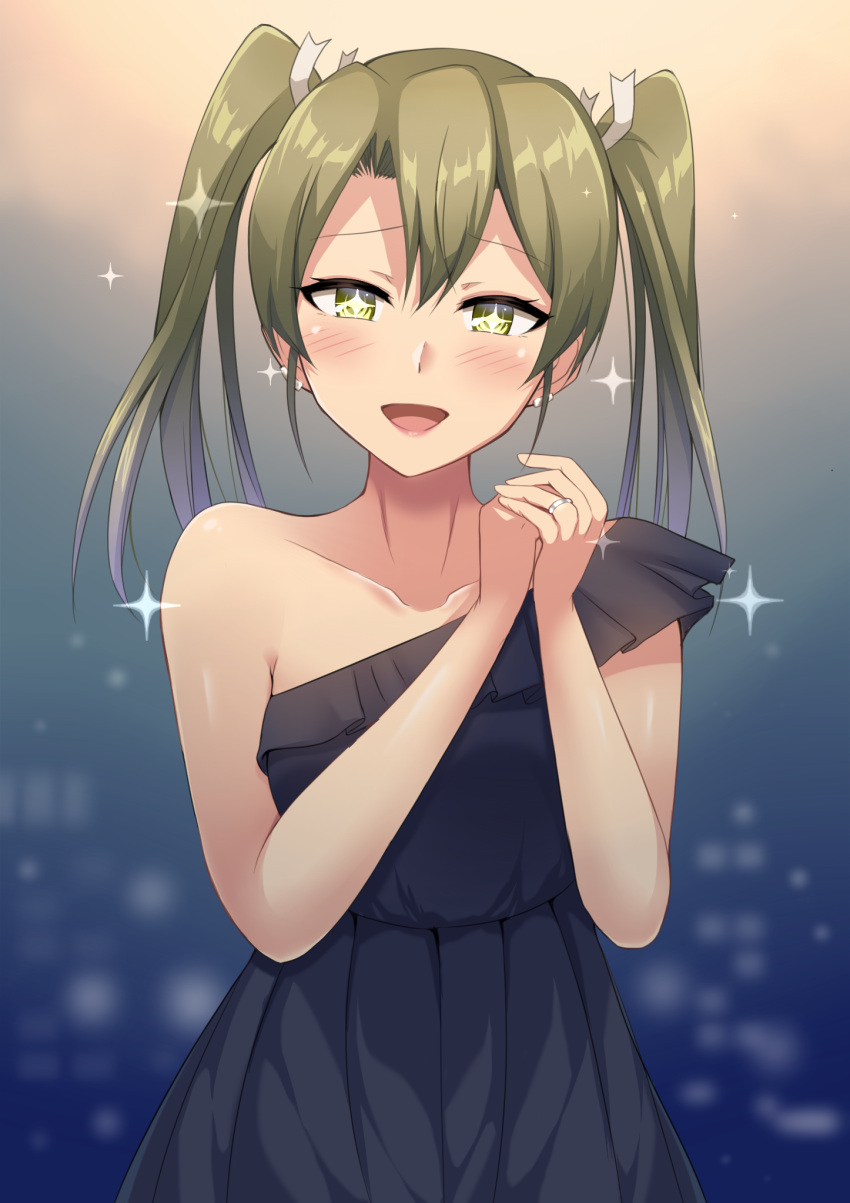 1girl :d alternate_costume bangs bare_shoulders black_dress blush collarbone dress earrings gradient gradient_background green_hair hair_ribbon hands_together highres jewelry kantai_collection lips long_hair looking_at_viewer ohiya open_mouth own_hands_together ribbon shiny shiny_hair single_strap sleeveless smile solo sparkle star star-shaped_pupils symbol-shaped_pupils twintails upper_body white_ribbon zuikaku_(kantai_collection)
