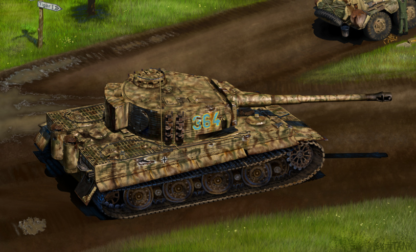 day dirt_road grass ground_vehicle military military_vehicle motor_vehicle ogata_tank original tank tiger_i tree
