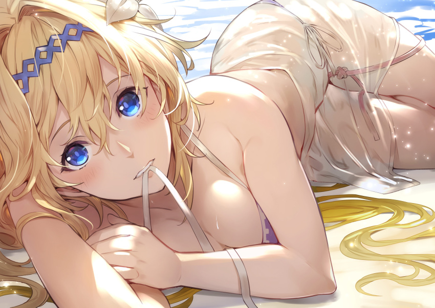 1girl absurdres beach bikini blonde_hair blue_eyes breasts cleavage flower granblue_fantasy hair_between_eyes hair_flower hair_intakes hair_ornament hairband highres jeanne_d'arc_(granblue_fantasy) kakage long_hair looking_at_viewer lying medium_breasts mouth_hold on_side outdoors parted_lips purple_bikini see-through side-tie_bikini solo swimsuit untied untied_bikini