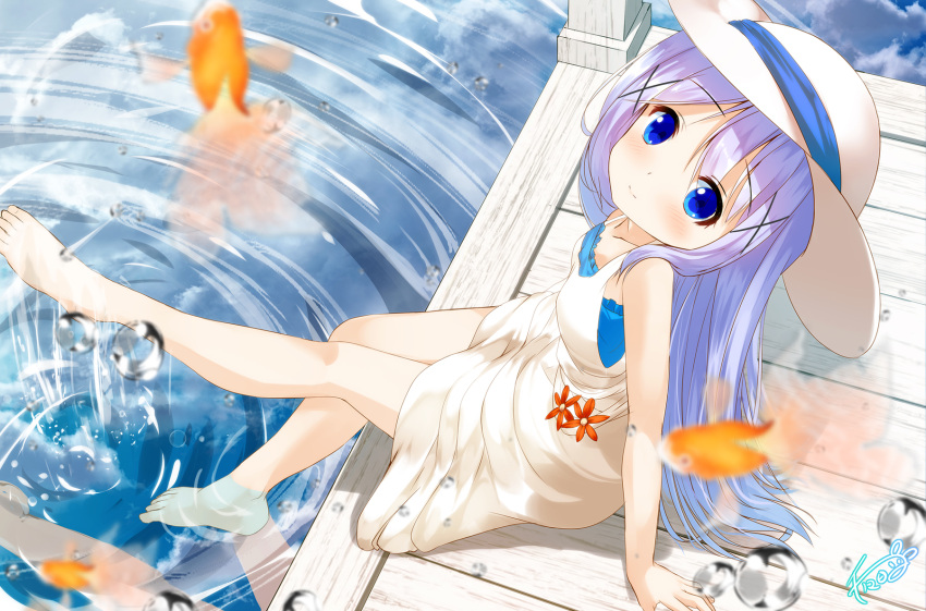 1girl animal bangs bare_arms bare_legs bare_shoulders barefoot blue_eyes blurry blurry_foreground blush breasts chinomaron closed_mouth collarbone commentary_request day depth_of_field dress eyebrows_visible_through_hair fish gochuumon_wa_usagi_desu_ka? goldfish hair_between_eyes hair_ornament hat head_tilt highres kafuu_chino looking_at_viewer looking_to_the_side outdoors pier purple_hair reflection sidelocks signature sitting sleeveless sleeveless_dress small_breasts smile soaking_feet solo sun_hat water water_drop white_dress white_hat x_hair_ornament