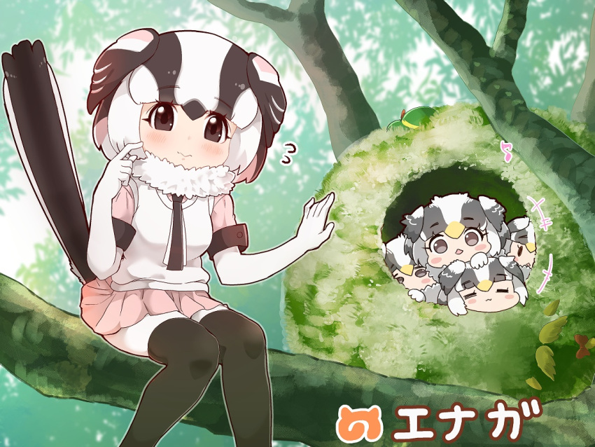 +++ 5girls =_= bird_tail black_eyes black_hair black_legwear blush blush_stickers chibi child commentary_request day elbow_gloves eyebrows_visible_through_hair flying_sweatdrops fur_collar gloves head_wings in_tree japari_symbol kemono_friends long-tailed_tit_(kemono_friends) looking_at_viewer multicolored_hair multiple_girls musical_note necktie nest outdoors scratching_cheek short_hair sitting sitting_in_tree tanaka_kusao thigh-highs tree wavy_mouth white_gloves white_hair