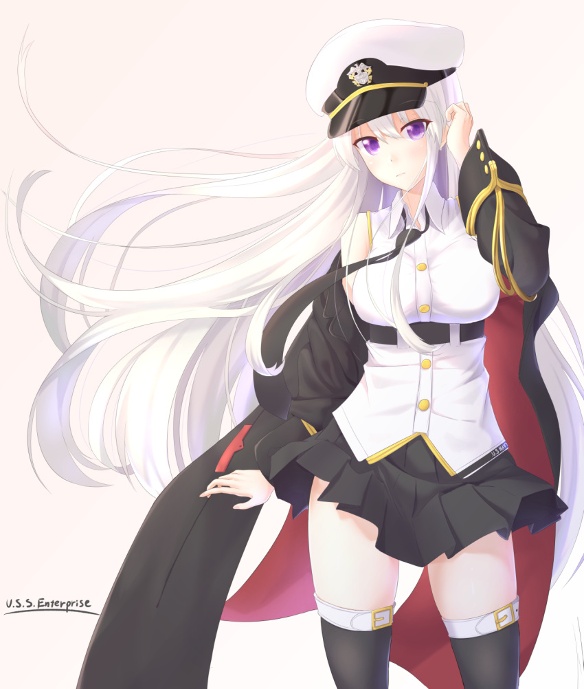 azur_lane black_belt black_coat black_neckwear coat collared_shirt enterprise_(azur_lane) eyebrows_visible_through_hair grey_hair hat highres kawakami_hotori long_hair military miniskirt necktie open_clothes open_coat peaked_cap shirt silver_hair skirt sleeveless sleeveless_shirt thigh-highs underbust violet_eyes white_hair white_hat zettai_ryouiki