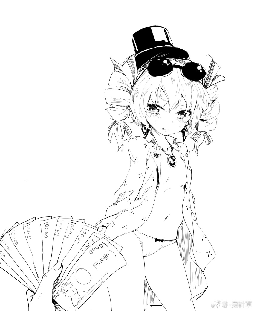 1girl absurdres bow bow_panties chen_bin drill_hair earrings eyewear_on_head greyscale hair_ribbon hat highres jacket jewelry long_sleeves looking_at_viewer money monochrome navel necklace no_bra no_pants open_clothes open_jacket panties ribbon simple_background sketch solo_focus sunglasses top_hat touhou twin_drills underwear watermark weibo_logo weibo_username white_background yorigami_jo'on