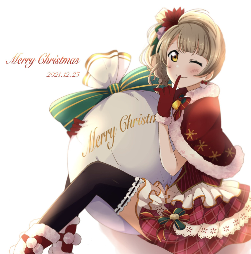 1girl backlighting bangs bell black_thighhighs blush boots bow brown_eyes brown_hair capelet christmas closed_mouth commentary dated dress earrings english_text finger_to_mouth fur-trimmed_capelet fur_trim gloves green_bow highres holding holding_sack jewelry large_bow layered_dress long_hair looking_at_viewer love_live! love_live!_school_idol_project merry_christmas minami_kotori neck_bell one_eye_closed one_side_up plaid plaid_dress red_bow red_capelet red_dress red_footwear red_gloves sack santa_boots santa_gloves satisfaction-zero short_dress simple_background sitting smile solo thigh-highs white_background