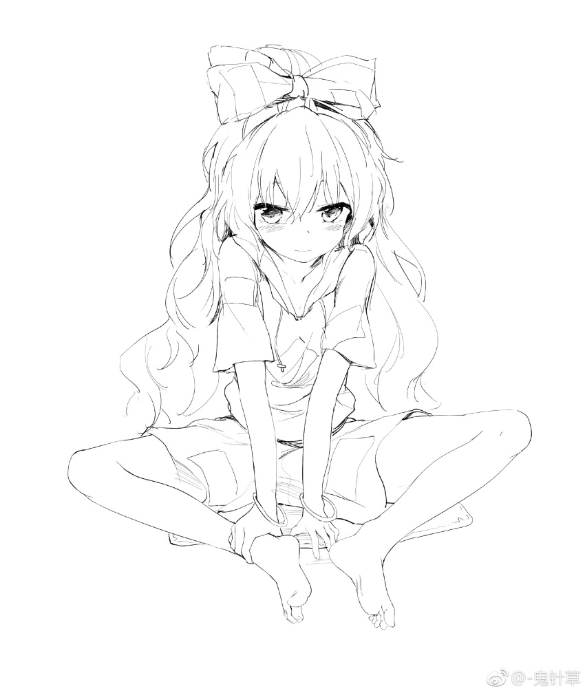 1girl absurdres bangle bare_legs barefoot bow bracelet chen_bin closed_mouth debt drawstring full_body greyscale hair_between_eyes hair_bow highres hood hoodie jewelry long_hair looking_at_viewer miniskirt monochrome simple_background sitting sketch skirt solo touhou very_long_hair watermark weibo_logo weibo_username white_background yorigami_shion