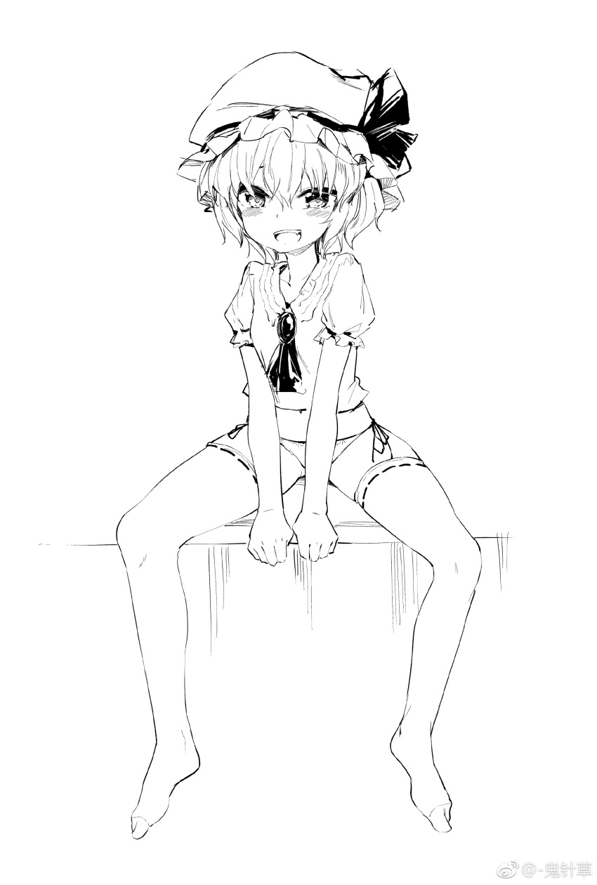 1girl absurdres brooch chen_bin fang greyscale hat hat_ribbon highres jewelry looking_at_viewer mob_cap monochrome no_pants no_wings open_mouth panties puffy_short_sleeves puffy_sleeves remilia_scarlet ribbon ribbon-trimmed_legwear ribbon_trim shirt short_sleeves side-tie_panties simple_background sitting sketch smile solo thigh-highs touhou underwear watermark weibo_logo weibo_username white_background