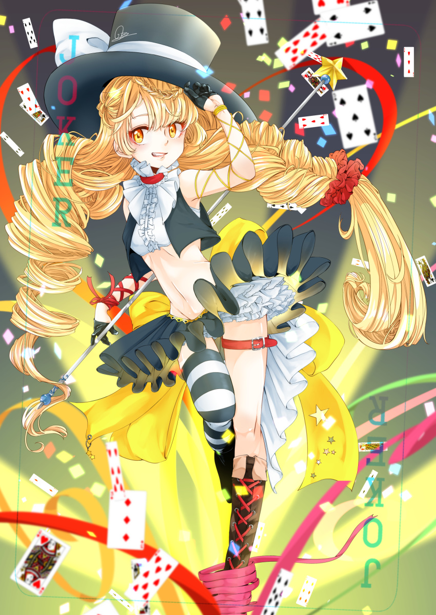 1girl absurdres alternate_costume arm_ribbon black_hat black_vest blonde_hair blurry boots bow braid card commentary_request confetti crop_top cross-laced_footwear english grin hat hat_bow highres kirisame_marisa knee_boots long_hair navel ribbon shirt signature single_thighhigh sleeveless sleeveless_shirt smile solo souta_(karasu_no_ouchi) striped striped_legwear thigh-highs top_hat touhou very_long_hair vest white_bow white_shirt yellow_bow yellow_eyes