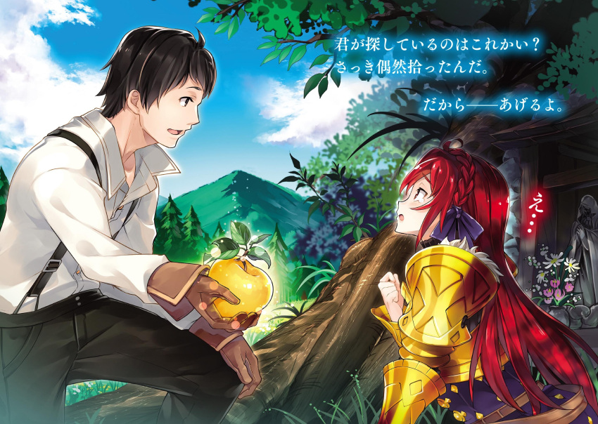 1boy 1girl armor armored_dress black_hair black_pants brown_eyes brown_gloves clouds day eye_contact food from_side fruit gloves golden_apple hair_between_eyes hair_ribbon highres holding holding_fruit long_hair looking_at_another lossy-lossless novel_illustration official_art open_mouth ossan_boukensha_kane_no_zenkou outdoors pants purple_ribbon redhead ribbon shirt spaulders super_zombie suspenders tree very_long_hair white_shirt