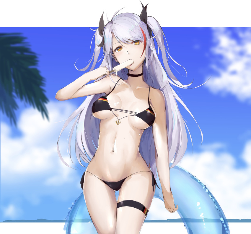 1girl anchor_symbol antenna_hair azur_lane bangs bikini black_bikini black_bikini_bottom black_ribbon blush breasts choker collarbone cowboy_shot eating eyebrows_visible_through_hair floatation_devices food hair_between_eyes head_tilt highres holding kagerou_(gigayasoma) large_breasts legs_crossed licking long_hair looking_at_viewer multicolored_hair navel popsicle prinz_eugen_(azur_lane) redhead ribbon side-tie_bikini sidelocks silver_hair smile solo stomach streaked_hair swimsuit thigh_strap thighs tongue tongue_out two_side_up very_long_hair watson_cross