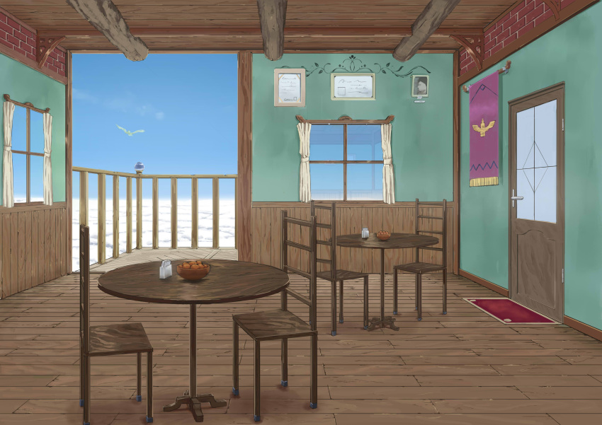 absurdres bars bird blue_sky carpet chair clouds commentary commentary_request curtains day desk diploma door floor flying food fruit handrail highres indoors no_humans original portrait restaurant sasaki112 scenery sky table window wooden_chair wooden_floor wooden_table