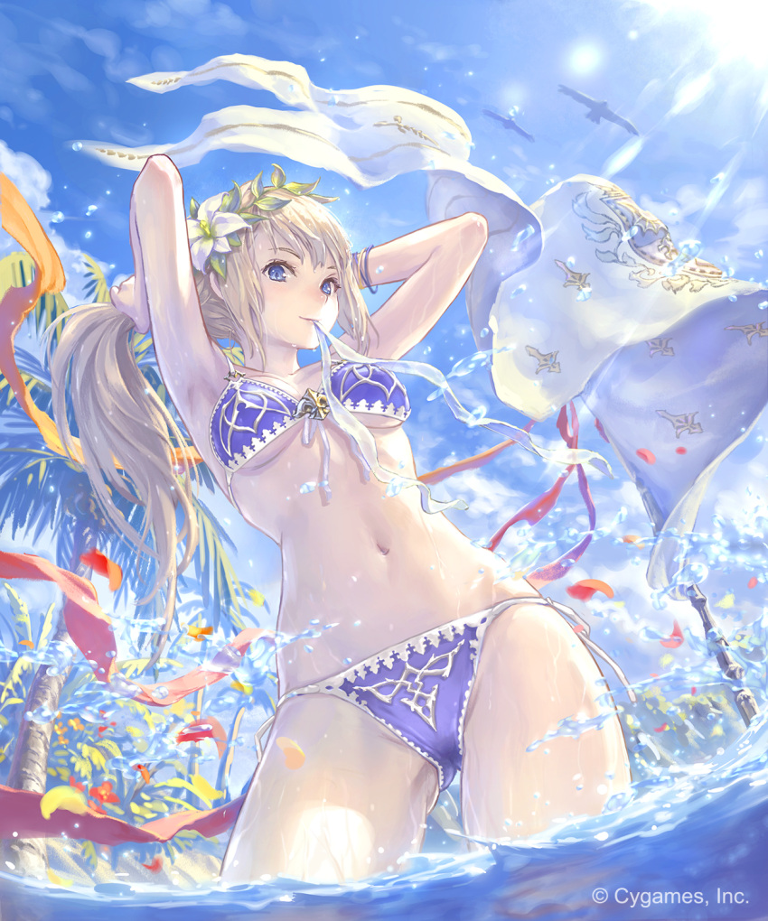 1girl armpits arms_up bangs banner bikini bird blonde_hair blue_eyes blush bracelet breasts clouds contrapposto cowboy_shot cygames day flower front-tie_bikini front-tie_top gluteal_fold granblue_fantasy hair_flower hair_ornament hairband hairdressing hibiscus highres hisakata_souji jeanne_d'arc_(granblue_fantasy) jewelry lens_flare light_rays long_hair looking_at_viewer medium_breasts mouth_hold navel outdoors palm_tree petals purple_bikini purple_ribbon ribbon sheath sheathed solo standing stomach sunbeam sunlight swimsuit sword thighs tree tying_hair under_boob very_long_hair wading water water_surface weapon