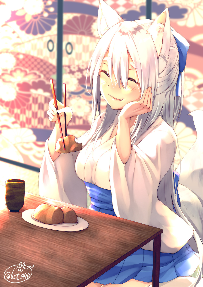 1girl :t ^_^ animal_ears bangs blue_bow blue_hakama blurry blurry_background blush bow breasts chita_(ketchup) chopsticks closed_eyes commentary_request cup depth_of_field eating eyebrows_visible_through_hair fang food fox_ears fox_girl fox_tail hair_between_eyes hair_bow hakama hand_on_own_cheek highres holding holding_chopsticks indoors japanese_clothes kimono large_breasts long_hair long_sleeves original parted_lips saucer short_kimono signature silver_hair solo tail thick_eyebrows very_long_hair white_kimono wide_sleeves