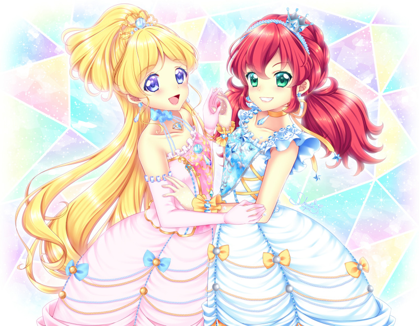 2girls aikatsu! aikatsu_friends! aqua_eyes asuka_mirai_(aikatsu_friends!) blonde_hair blue_bow blue_dress blush bow commentary crown dress elbow_gloves frilled_sleeves frills gloves grin hairband highres jewelry kamishiro_karen long_hair looking_at_viewer multiple_girls necklace open_mouth pink_dress ponytail redhead shirato_sayuri smile strapless strapless_dress tiara twintails violet_eyes wrist_cuffs yellow_bow