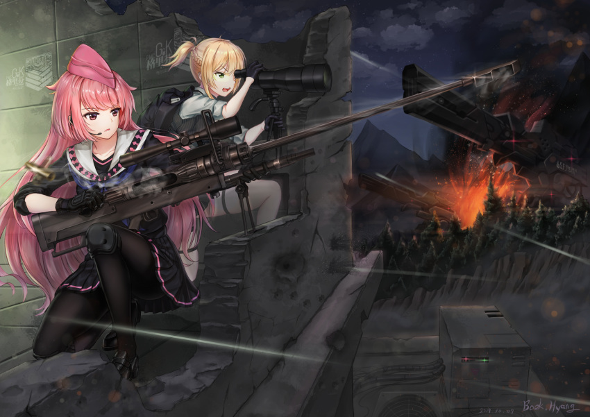 2girls artist_name baek_hyang black_gloves black_legwear black_skirt blonde_hair blush dated eyebrows_visible_through_hair girls_frontline gloves green_eyes gun highres holding holding_gun holding_weapon long_hair looking_away multiple_girls night ntw-20_(girls_frontline) open_mouth outdoors pantyhose parted_lips pink_eyes pink_hair short_hair short_ponytail signature skirt very_long_hair weapon welrod_mk2_(girls_frontline)