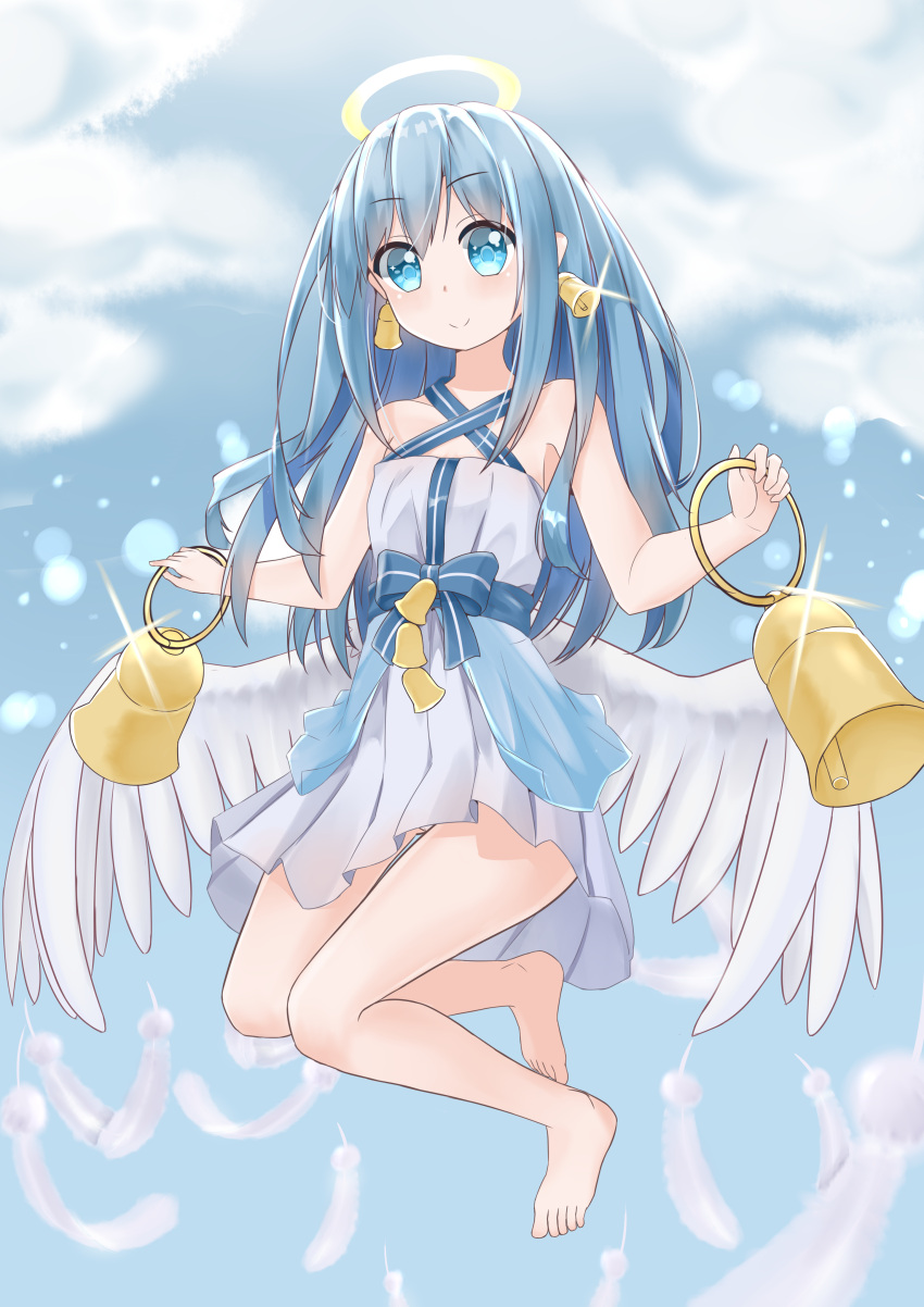 1girl absurdres angel_wings bare_shoulders barefoot bell bell_earrings bellringer_angel blue_eyes blue_hair blue_sky day dress earrings feathers full_body fuyuki030 glint halo halterneck highres jewelry long_hair looking_at_viewer outdoors shadowverse sky smile solo white_dress white_feathers wings