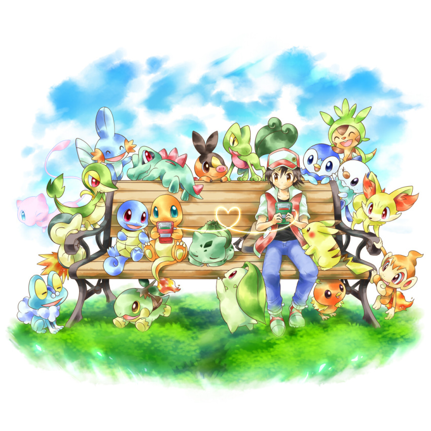 1boy :d bench bird black_hair blue_sky brown_eyes bulbasaur charmander chespin chikorita chimchar claws closed_eyes closed_mouth collarbone collared_shirt commentary commentary_request creature cyndaquil day denim fennekin froakie game_boy gen_1_pokemon gen_2_pokemon gen_3_pokemon gen_4_pokemon gen_5_pokemon gen_6_pokemon grass hair_between_eyes handheld_game_console happy heart heart_of_string ibui_matsumoto jeans lying mew mudkip on_stomach one_eye_closed open_mouth orange_eyes oshawott pants pikachu piplup pokemon pokemon_(creature) pokemon_(game) pokemon_rgby red_(pokemon) red_(pokemon)_(classic) red_eyes running shirt shoes short_sleeves sitting sky sleeping smile sneakers snivy squirtle tepig torchic totodile treecko turtwig