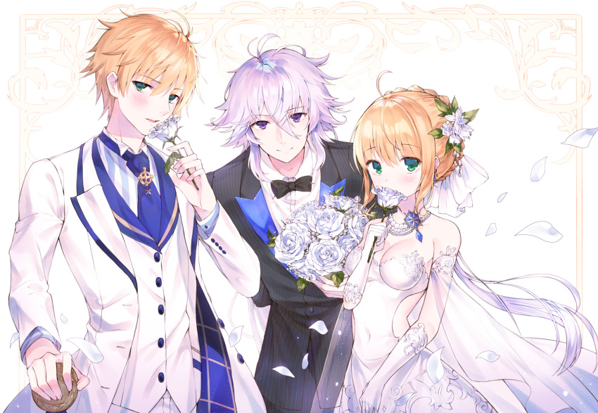 1girl 2boys ahoge arms_behind_back artoria_pendragon_(all) bangs bare_shoulders black_bow black_jacket black_neckwear black_pants black_suit blonde_hair blue_neckwear blush bouquet bow bowtie braid breasts buttons cleavage closed_mouth collarbone collared_shirt commentary covered_navel covering_mouth cross dress dress_shirt earrings ekh elbow_gloves english_commentary excalibur_(fate/prototype) eyebrows_visible_through_hair falling_petals fate/grand_order fate/stay_night fate_(series) fingernails floating_hair flower formal frame french_braid gem gloves gradient_hair green_eyes hair_between_eyes hair_flower hair_ornament hair_ribbon hand_on_hilt highres holding holding_flower jacket jewelry leaning_forward light_particles long_hair long_sleeves looking_at_viewer medium_breasts merlin_(fate/stay_night) multicolored_hair multiple_boys necklace necktie open_clothes open_jacket pants parted_lips pearl_necklace petals pink_hair pinstripe_suit ribbon rose rose_petals saber saber_(fate/prototype) see-through shiny shiny_hair shirt short_hair sidelocks smelling_flower smile standing strapless strapless_dress striped striped_shirt suit tie_clip unbuttoned vertical-striped_shirt vertical_stripes very_long_hair violet_eyes waistcoat white_background white_dress white_flower white_gloves white_hair white_jacket white_pants white_ribbon white_rose white_suit wing_collar
