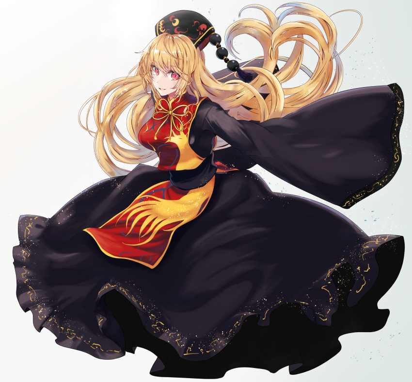 1girl :d absurdres black_dress breasts commentary_request dress floating_hair from_side hat highres junko_(touhou) kurokan_(kokkyou_oudan) long_hair looking_at_viewer medium_breasts open_mouth orange_hair red_eyes simple_background smile solo tabard touhou very_long_hair very_long_sleeves white_background wide_sleeves