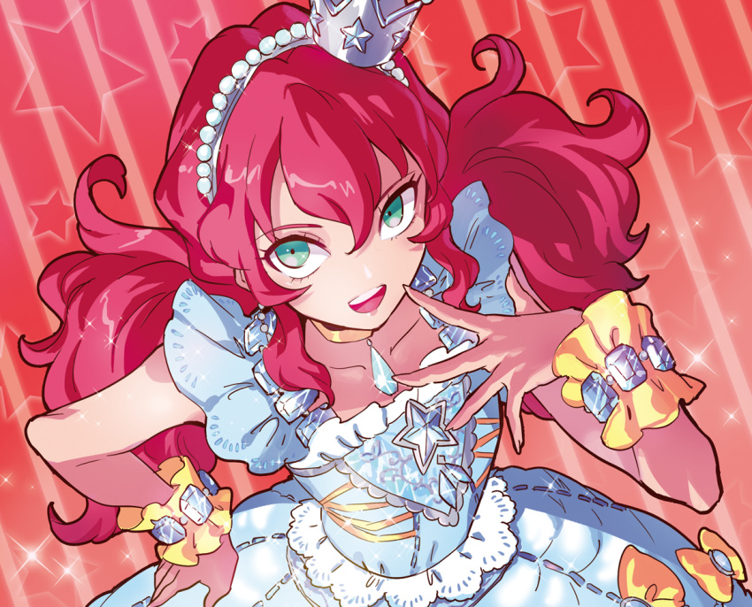 1girl aikatsu_friends! aqua_eyes asuka_mirai_(aikatsu_friends!) blue_dress bow commentary crown dress frilled_sleeves frills from_above hairband jewelry looking_at_viewer necklace puppeteer7777 redhead solo twintails wrist_cuffs yellow_bow