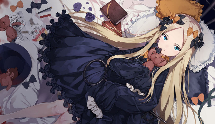 1girl abigail_williams_(fate/grand_order) bangs bed_sheet black_bow black_dress black_hat blonde_hair blue_eyes book bow butterfly child_drawing dress fate/grand_order fate_(series) flower forehead frilled_pillow frills hair_bow hat hat_removed headwear_removed key lavinia_whateley_(fate/grand_order) long_hair long_sleeves looking_at_viewer lying object_hug on_back orange_bow oversized_object parted_bangs parted_lips pencil pillow polka_dot polka_dot_bow porch5681 purple_flower purple_rose rose sleeves_past_fingers sleeves_past_wrists solo stuffed_animal stuffed_toy teddy_bear very_long_hair