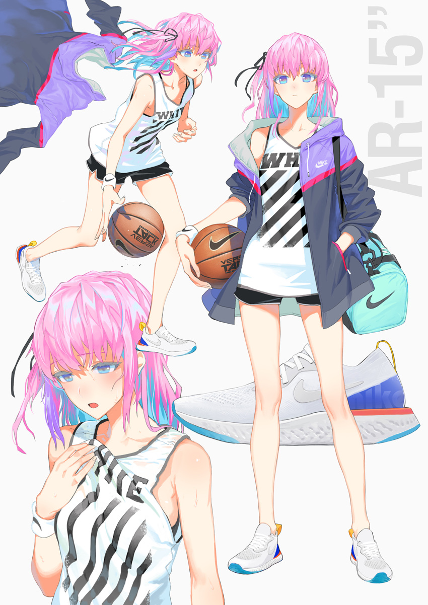 1girl ball bangs bare_shoulders basketball basketball_jersey black_bra black_shorts blue_eyes blush bra bra_peek breasts character_name closed_mouth clothes_pull collarbone duffle_bag eyebrows_visible_through_hair floating_hair girls_frontline hair_between_eyes hair_ornament half-closed_eyes hand_in_pocket highres holding holding_ball jacket ladic long_hair looking_at_viewer multicolored_hair multiple_views nike no_socks one_side_up open_mouth pink_hair running short_shorts shorts side_ponytail sidelocks simple_background small_breasts solo st_ar-15_(girls_frontline) strap sweat sweatdrop thighs underwear white_background wristband