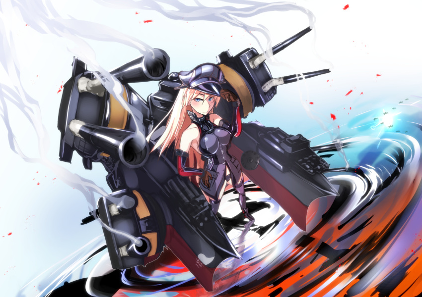 1girl anchor_hair_ornament bare_shoulders bismarck_(kantai_collection) blonde_hair blue_eyes brown_gloves cannon commentary_request detached_sleeves full_body gloves grey_legwear hair_ornament hat iron_cross kantai_collection long_hair looking_at_viewer machinery military military_hat military_uniform peaked_cap ryuu_tou smoke solo standing thigh-highs uniform water