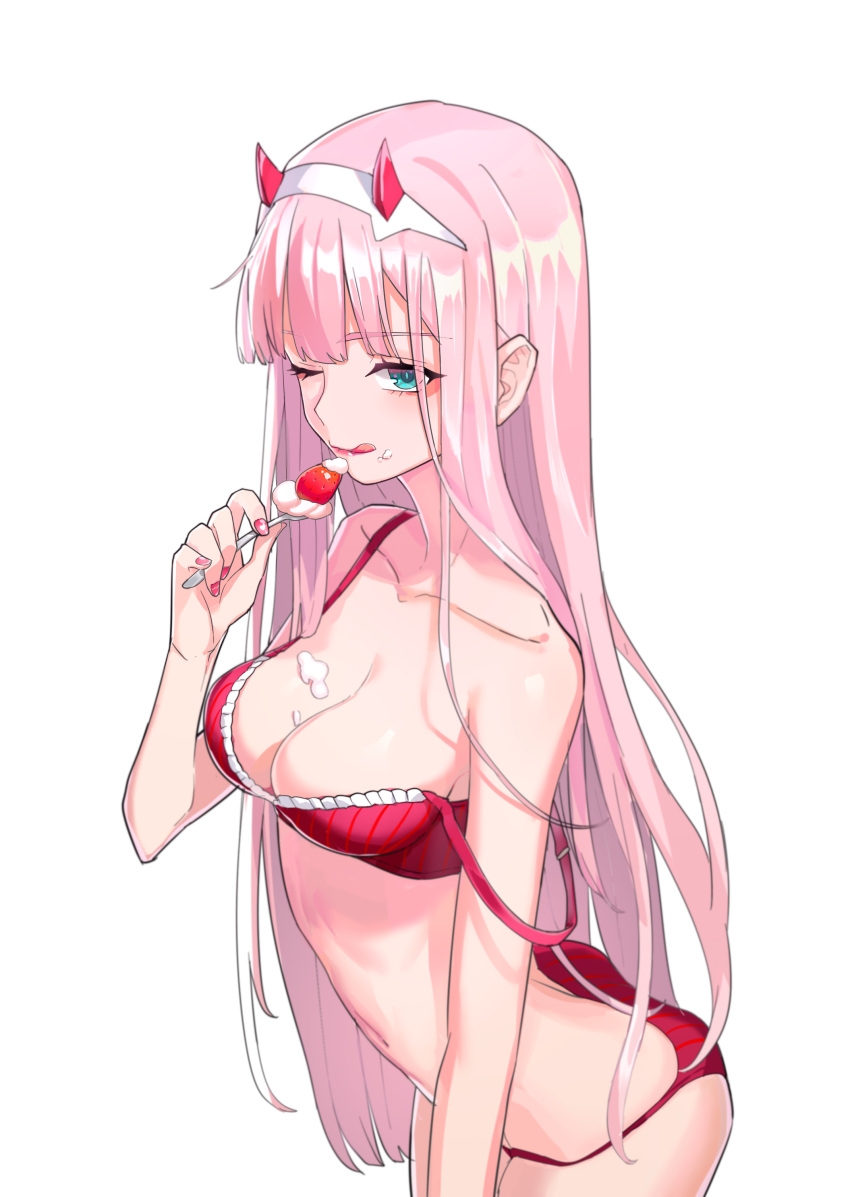 1girl absurdres bangs bare_shoulders bikini blunt_bangs bra breasts bunuojiang cleavage collarbone cream cream_on_face darling_in_the_franxx food food_on_face fruit highres horns licking_lips long_hair medium_breasts navel one_eye_closed panties pink_hair red_bikini red_bra red_panties solo spoon strap_slip strawberry swimsuit tongue tongue_out underwear zero_two_(darling_in_the_franxx)