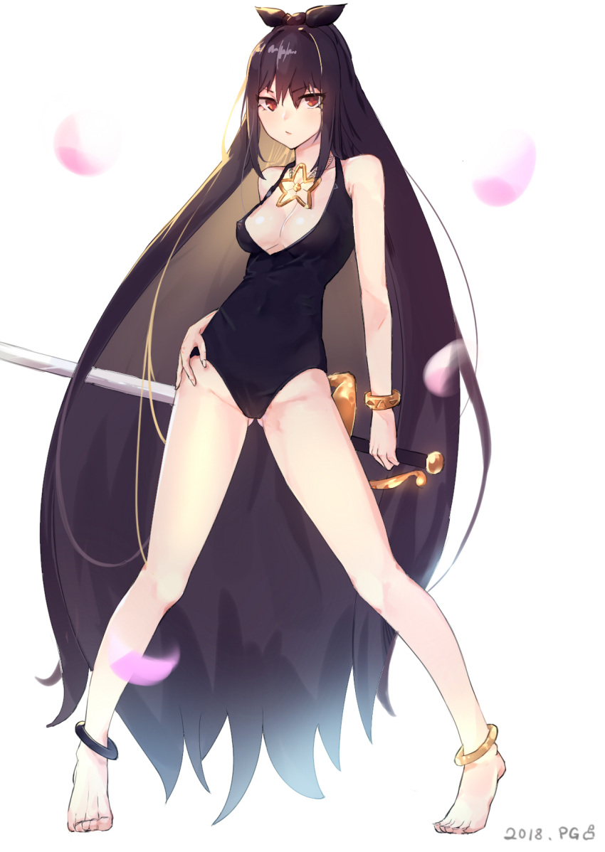 1girl anklet bangs barefoot black_hair black_swimsuit bracelet breasts cleavage contrapposto covered_navel dated dungeon_and_fighter erect_nipples eyebrows_visible_through_hair full_body hair_between_eyes hand_on_hip highres holding holding_sword holding_weapon jewelry long_hair looking_at_viewer medium_breasts mou_zhi_pingguo necklace one-piece_swimsuit petals red_eyes solo standing star star_necklace swimsuit sword tiptoes very_long_hair weapon