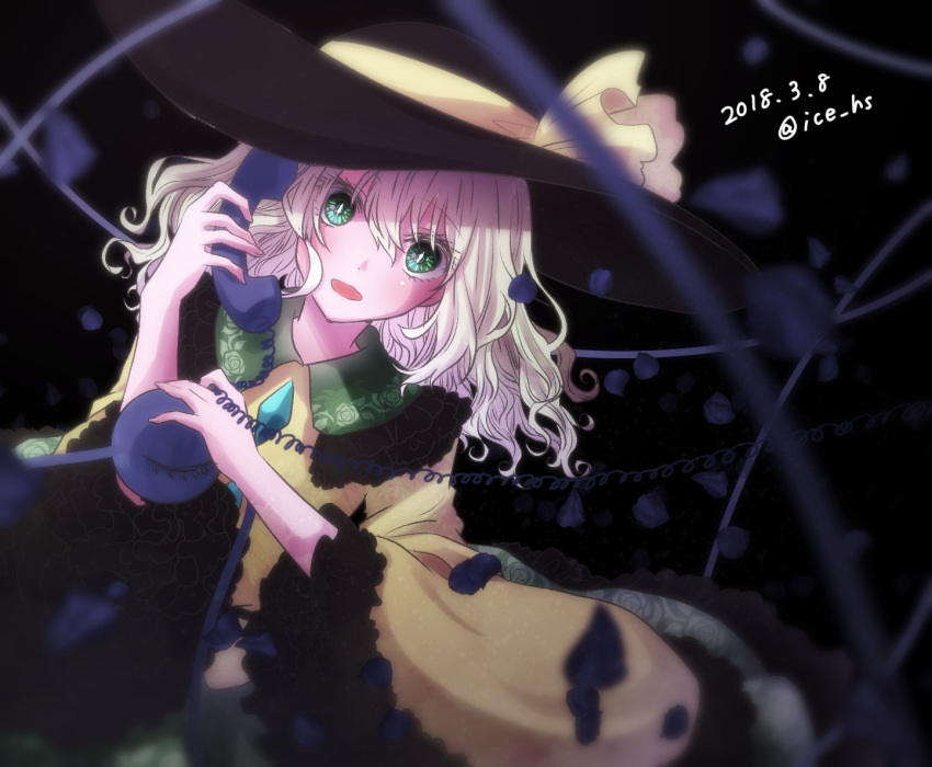 1girl black_hat blouse blurry bow commentary_request dated dutch_angle floral_print frilled_shirt_collar frilled_skirt frilled_sleeves frills green_eyes hat holding holding_phone ice_(aitsugai) komeiji_koishi long_sleeves looking_at_viewer open_mouth petals phone skirt solo third_eye touhou twitter_username white_hair wide_sleeves yellow_blouse yellow_bow
