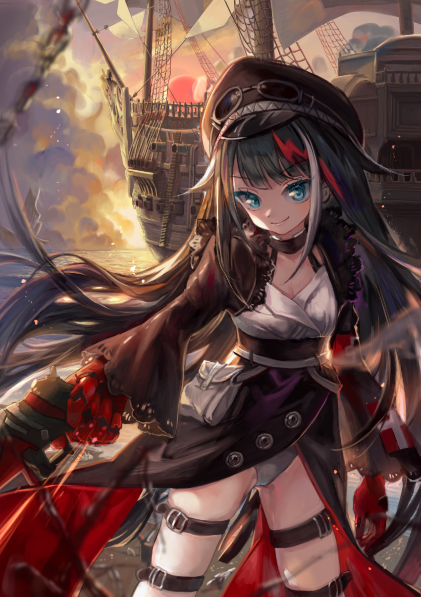 1girl absurdres armband azur_lane bangs belt black_hair black_hat blue_eyes breasts chains cleavage clouds cropped_jacket deutschland_(azur_lane) eyebrows_visible_through_hair gloves goggles goggles_on_headwear gun hair_flaps hat head_tilt highres holding holding_gun holding_weapon iron_cross lace_trim long_hair long_sleeves looking_at_viewer maccha_(mochancc) mast multicolored_hair ocean panties pantyshot pantyshot_(standing) peaked_cap pouch redhead sail ship sidelocks silver_hair skindentation smile standing streaked_hair sunrise thigh_strap thighs underwear very_long_hair water watercraft weapon