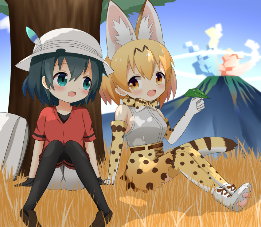 2girls :d animal_ears aqua_eyes backpack backpack_removed bag bangs bare_shoulders black_hair black_legwear blonde_hair blue_sky blush boots bow bowtie brown_eyes brown_footwear clouds commentary_request day elbow_gloves eyebrows_visible_through_hair gloves grass grey_shorts hair_between_eyes hat_feather helmet high-waist_skirt highres holding kaban_(kemono_friends) kemono_friends loafers multiple_girls open_mouth outdoors pantyhose paper_airplane pith_helmet print_gloves print_legwear print_neckwear print_skirt red_shirt sandstar serval_(kemono_friends) serval_ears serval_print serval_tail shin01571 shirt shoes short_shorts short_sleeves shorts sitting skirt sky sleeveless sleeveless_shirt smile striped_tail tail thigh-highs tree white_footwear white_shirt
