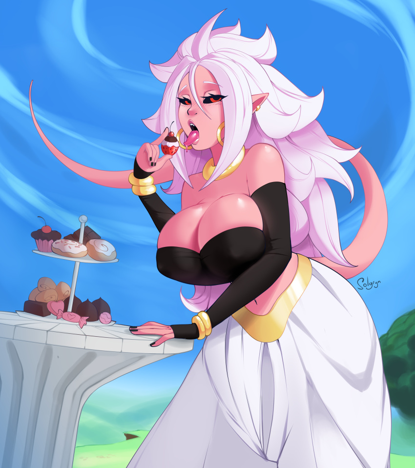 1girl absurdres ahoge android_21 arm_warmers artist_name baggy_pants bangle bare_shoulders black_nails black_sclera blue_sky bracelet breasts cherry chocolate cleavage cupcake day doughnut dragon_ball dragon_ball_fighterz dragonball_z ear_piercing earrings eating food fruit half-closed_eyes highres hoop_earrings jewelry large_breasts long_hair looking_at_viewer majin_android_21 messy_hair monster_girl nail_polish navel outdoors pants piercing pink_skin pointy_ears red_eyes sky solgryn strapless sweets table tail tongue tongue_out tubetop very_long_hair white_hair white_pants