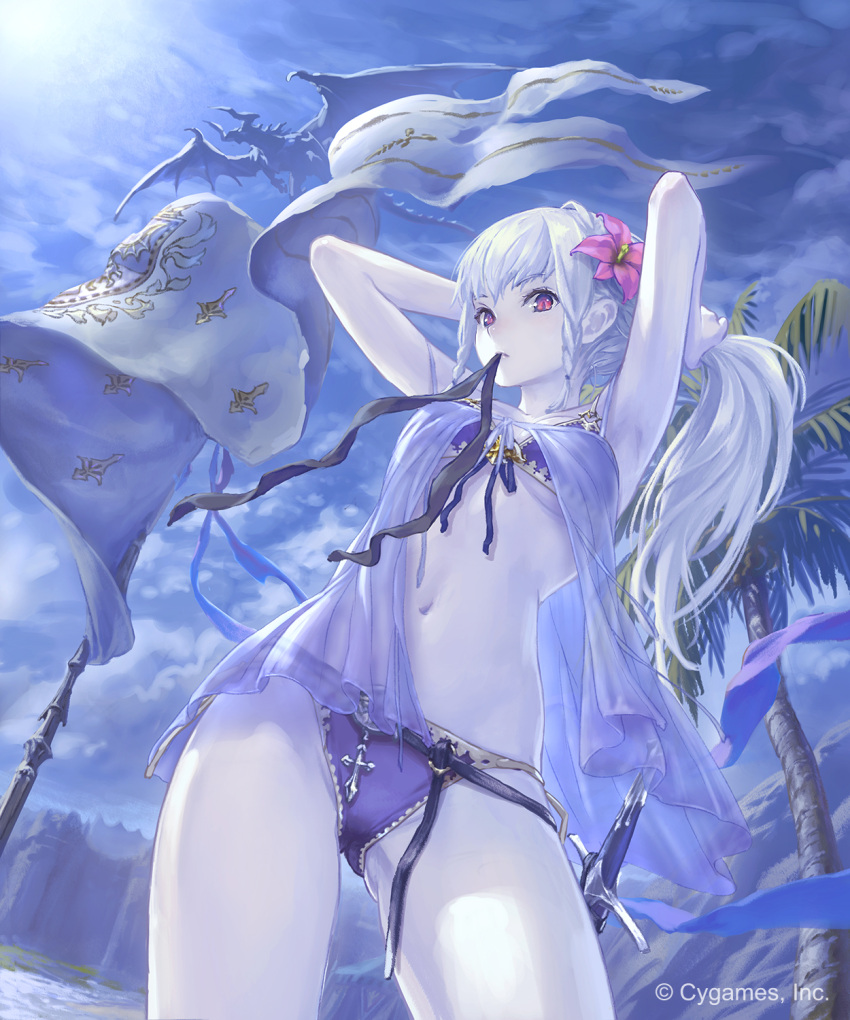 1girl armpits arms_up bangs banner bikini bird blush breasts clouds contrapposto cowboy_shot cygames flower front-tie_bikini front-tie_top gluteal_fold granblue_fantasy hair_flower hair_ornament hairband hairdressing hibiscus highres hisakata_souji jeanne_d'arc_(granblue_fantasy) lens_flare light_rays long_hair looking_at_viewer medium_breasts moonlight mouth_hold navel night night_sky outdoors palm_tree purple_bikini purple_ribbon red_eyes ribbon see-through sheath sheathed silver_hair sky solo standing stomach swimsuit sword thighs tree tying_hair under_boob very_long_hair weapon