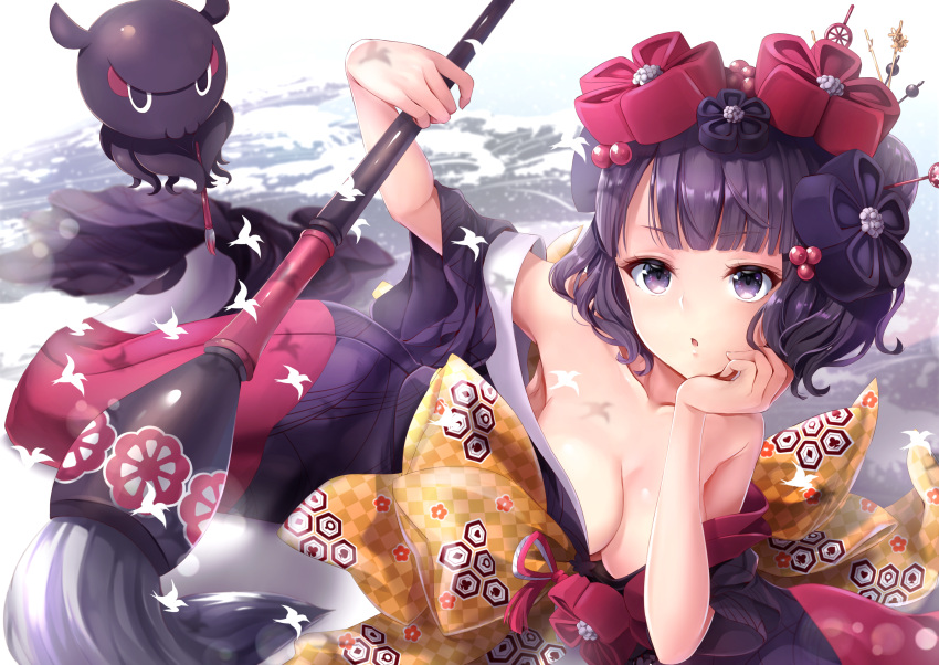 1girl arm_support bare_shoulders black_hair blue_eyes blush breasts fate/grand_order fate_(series) flower giant_brush hair_flower hair_ornament hane_yuki highres japanese_clothes katsushika_hokusai_(fate/grand_order) kimono looking_at_viewer medium_breasts octopus paintbrush short_hair solo