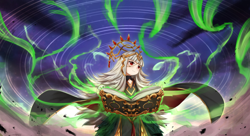 1girl blackma_(pagus0012) book crown feathers fire_emblem fire_emblem_heroes highres long_hair magic red_eyes solo veronica_(fire_emblem) white_hair