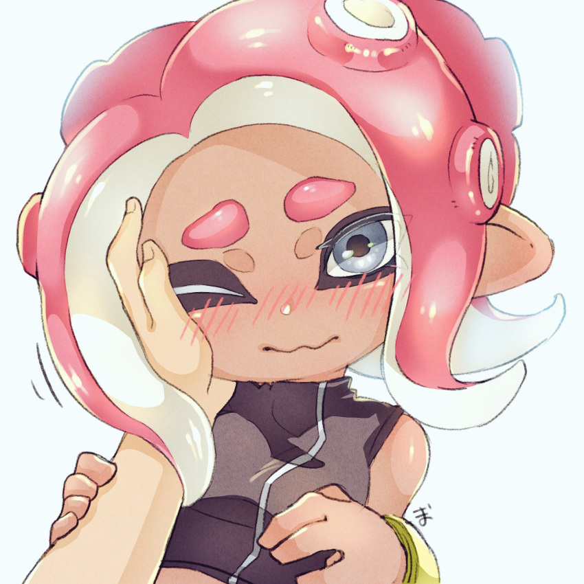 1girl agent_8 bare_shoulders blue_eyes blush crop_top dark_skin eyebrows face hand_on_another's_face highres makeup mascara octoling one_eye_closed pointy_ears redhead short_eyebrows solo splatoon splatoon_2 splatoon_2:_octo_expansion takozonesu tentacle_hair wavy_mouth