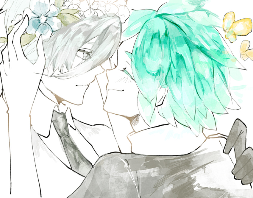 androgynous antarcticite butterfly closed_eyes colored_eyelashes face-to-face flower gem_uniform_(houseki_no_kuni) gloves green_hair grey_eyes hair_between_eyes head_wreath houseki_no_kuni looking_at_another necktie phosphophyllite short_hair silver_hair smile upper_body white_eyes white_hair