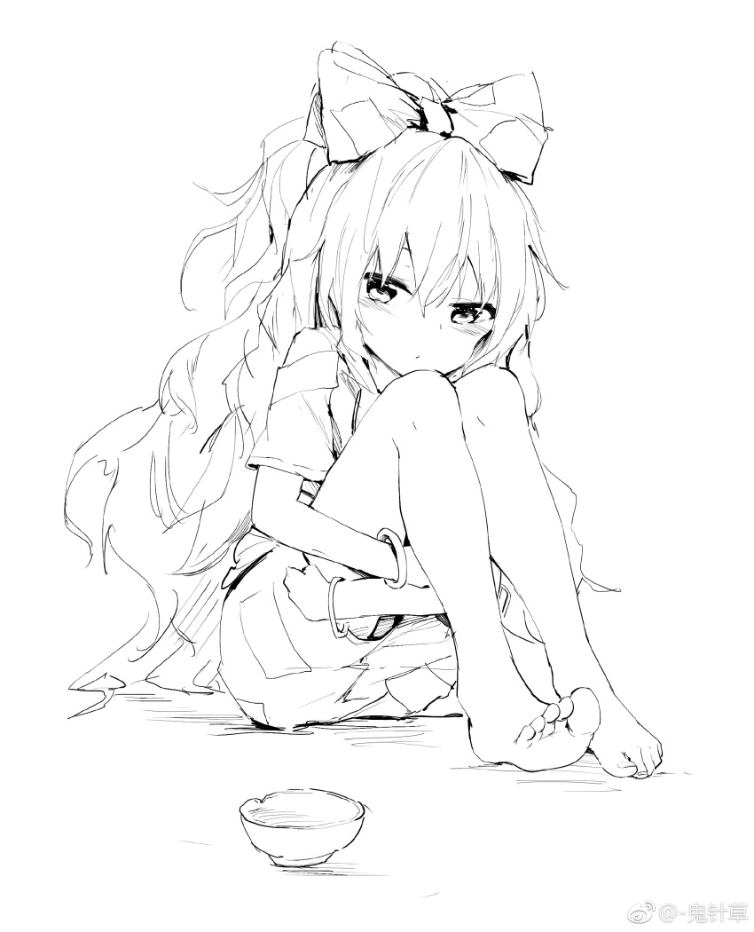1girl absurdres bangle bare_shoulders barefoot bow bowl bracelet chen_bin damaged greyscale hair_bow highres hood hoodie jewelry knees_up long_hair looking_at_viewer miniskirt monochrome simple_background sitting sketch skirt solo touhou very_long_hair watermark weibo_logo weibo_username white_background yorigami_shion